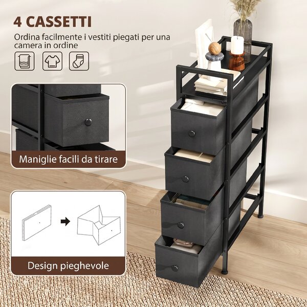 HOMCOM Cassettiera in Tessuto Slim Salvaspazio con 4 Cassetti, Telaio in Acciaio per Camera da Letto, Soggiorno, Nero | Aosom Italy