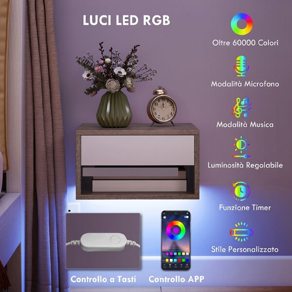 HOMCOM Set 2 Comodini Sospesi con LED RGB Integrati e Regolabili con APP, Cassetto e Ripiano, 37x32x21 cm, Bianco Color Legno | Aosom Italy