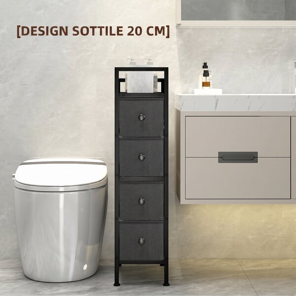 HOMCOM Cassettiera in Tessuto Slim Salvaspazio con 4 Cassetti, Telaio in Acciaio per Camera da Letto, Soggiorno, Nero | Aosom Italy