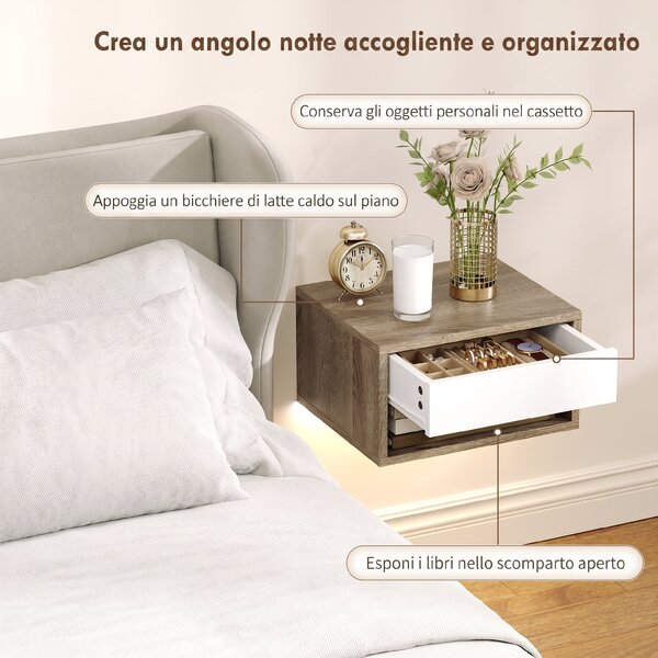 HOMCOM Set 2 Comodini Sospesi con LED RGB Integrati e Regolabili con APP, Cassetto e Ripiano, 37x32x21 cm, Bianco Color Legno | Aosom Italy