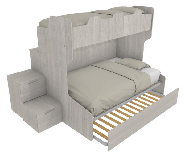 SMART120B - Letto a castello con ballatoio retro e letto inferiore da una piazza e mezza con gradinata contenitore