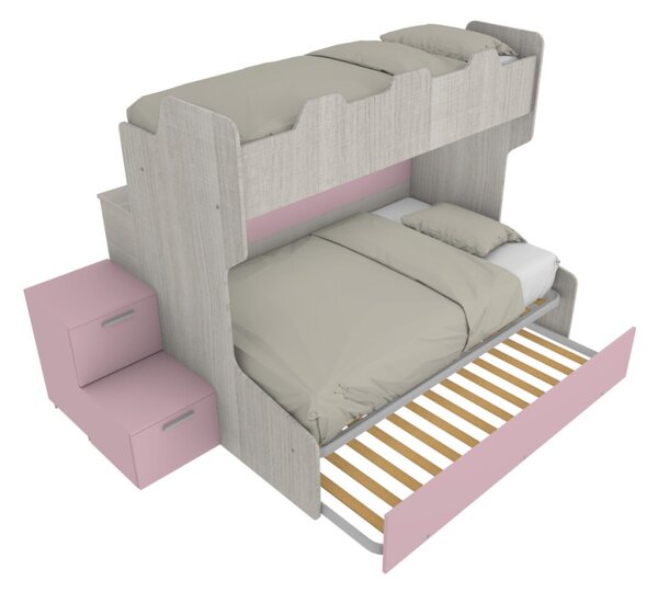 SMART120B - Letto a castello con ballatoio retro e letto inferiore da una piazza e mezza con gradinata contenitore