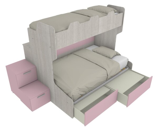 SMART120B - Letto a castello con ballatoio retro e letto inferiore da una piazza e mezza con gradinata contenitore