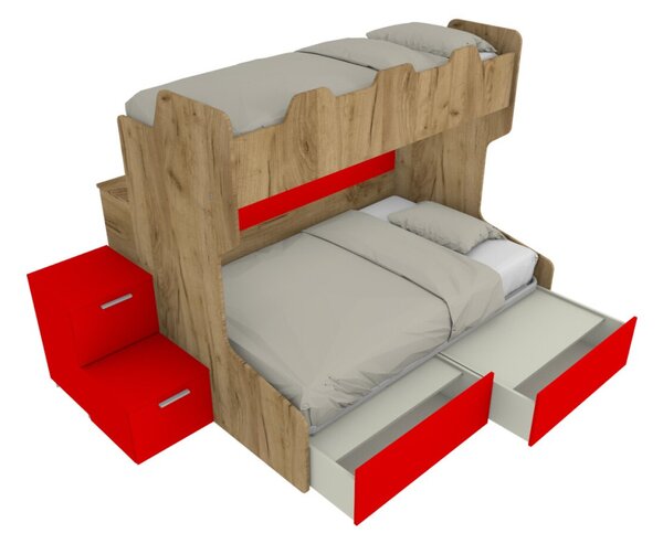 SMART120B - Letto a castello con ballatoio retro e letto inferiore da una piazza e mezza con gradinata contenitore