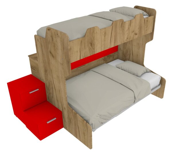 SMART120B - Letto a castello con ballatoio retro e letto inferiore da una piazza e mezza con gradinata contenitore