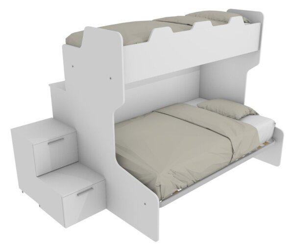 SMART120B - Letto a castello con ballatoio retro e letto inferiore da una piazza e mezza con gradinata contenitore
