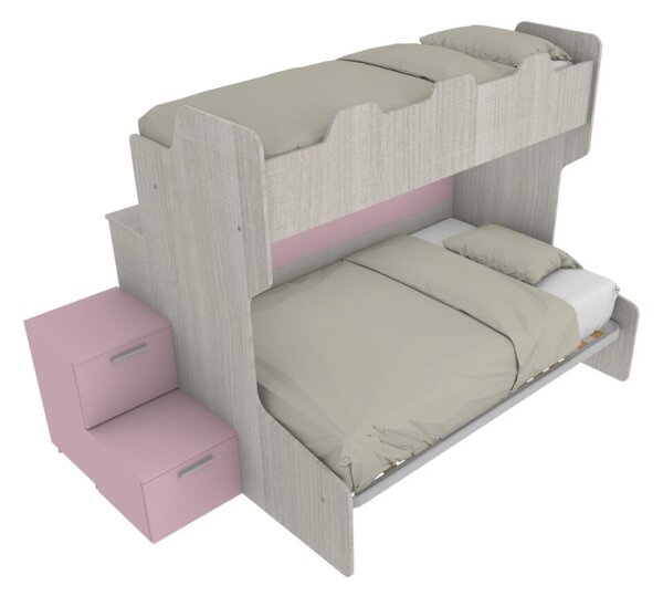 SMART120B - Letto a castello con ballatoio retro e letto inferiore da una piazza e mezza con gradinata contenitore