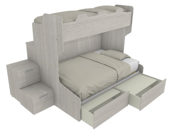SMART120B - Letto a castello con ballatoio retro e letto inferiore da una piazza e mezza con gradinata contenitore