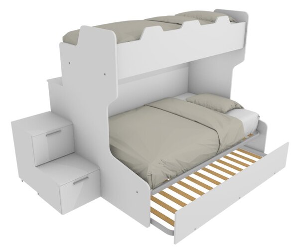 SMART120B - Letto a castello con ballatoio retro e letto inferiore da una piazza e mezza con gradinata contenitore