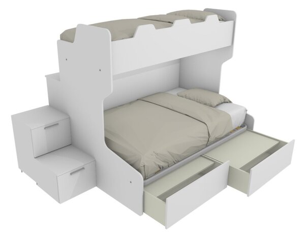SMART120B - Letto a castello con ballatoio retro e letto inferiore da una piazza e mezza con gradinata contenitore