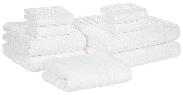 Set di 9 asciugamani da bagno per gli ospiti in cotone bianco a bassa torsione e tappetino da bagno Beliani