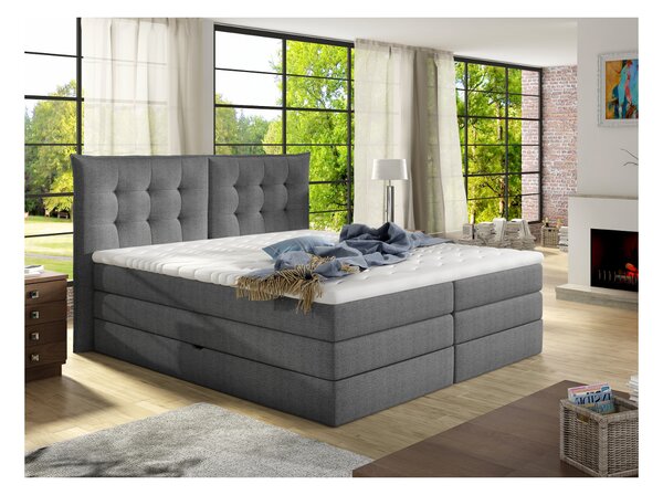 Set letto boxspring con testata + base del letto con contenitore + materasso + topper PLAISIR di PALACIO - tessuto grigio - 180 x 200 cm