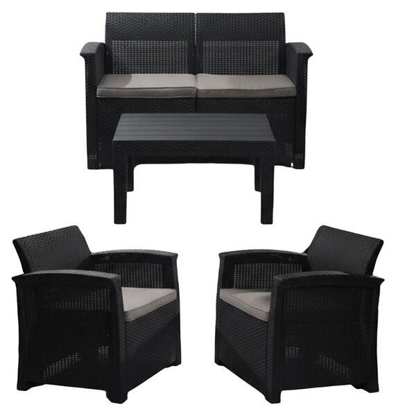 Set di mobili da giardino Relaxdays, set da salotto in rattan da 4 pezzi, per 4 persone, panca, poltrona e tavolo, mobili da relax, da esterno, nero