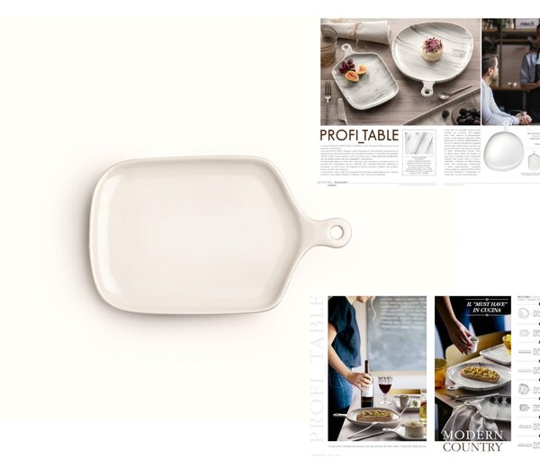 Piatto in porcellana bianca Rettangolare con Manico Profil Tables 26x16xh1,5 cm lavabile in lavastoviglie, adatto al microonde decoro sotto smalto colore bianco avorio