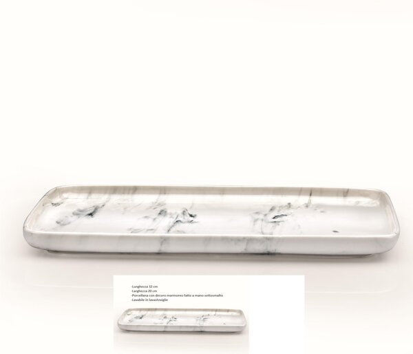 Piatto in porcellana Marmo Grigio Rettangolare da portata Profil Tables 32x20xh2,5 cm lavabile in lavastoviglie, adatto al microonde decoro sotto smalto colore Marmo grigio