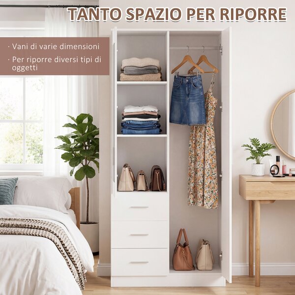 HOMCOM Armadio Moderno Guardaroba 2 Ante con Specchio e 3 Cassetti, Mensole Regolabili e Barra Appendiabiti, 80x50x180cm, Bianco|Aosom
