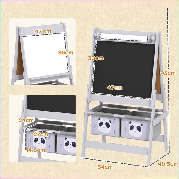 AIYAPLAY Lavagna per Bambini con Cavalletto 3 in 1 e 2 Contenitori, Età 3-8 anni, 54x46.5x93cm, Grigio | Aosom Italy