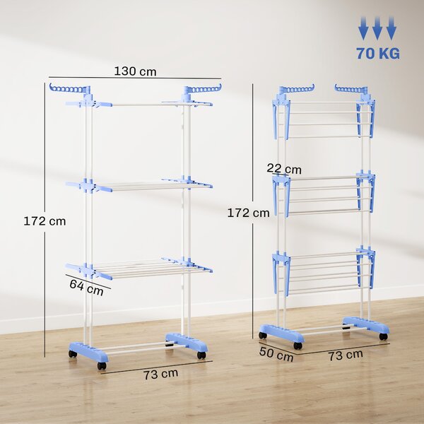 HOMCOM Stendibiancheria Pieghevole a 4 Livelli con Ali Laterali Girevoli e 4 Ruote, in Acciaio e PP, 73x64x177 cm, Blu e Argento | Aosom