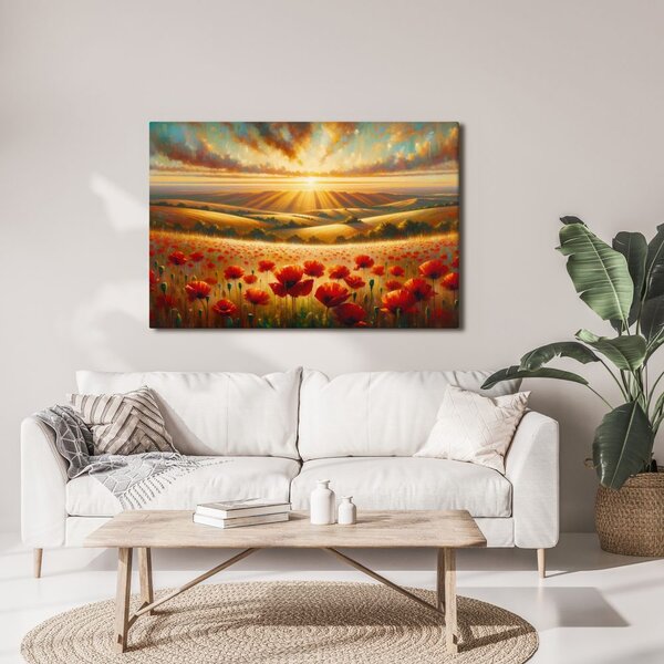 Quadro su tela – Tramonto su campo di papaveri