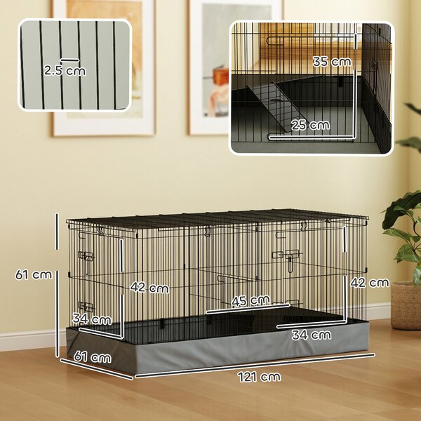 PawHut Gabbia per Animali Piccoli 2 in 1, Coperchio Rimovibile e Sezioni Separate, 121x61x61 cm, Nero