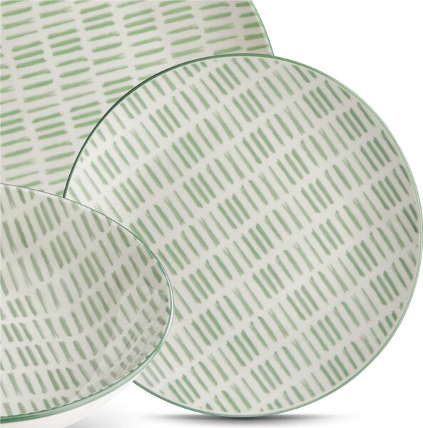 Servizio piatti 18 pezzi 6 posti tavola in porcellana con decoro Sottosmalto Collezione GOLF lavabile in lavastoviglie colore Bianco verde salvia