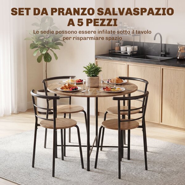 HOMCOM Set Tavolo da Pranzo Rotondo con 4 Sedie Salvaspazio in Legno e Metallo Stile Industriale | Aosom Italy