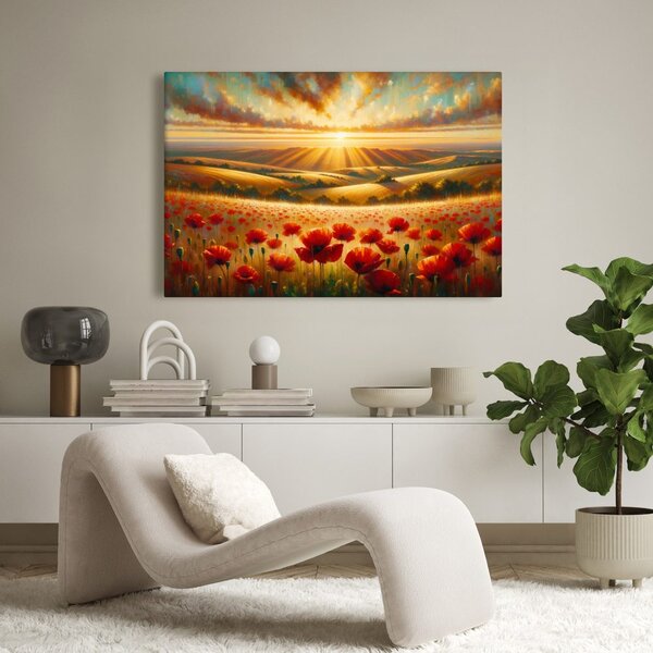 Quadro su tela – Tramonto su campo di papaveri