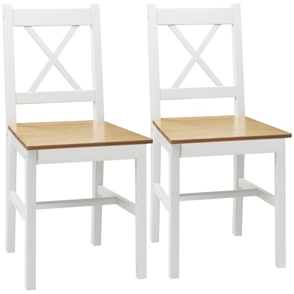 HOMCOM Set di 2 sedie da sala da pranzo in legno massiccio, sedie da cucina stile rustico schienale incrociato bianco e rovere