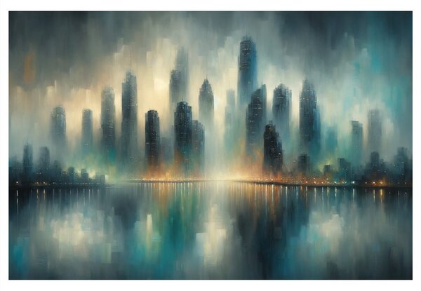 Quadro su tela – Panorama di città nella nebbia