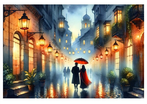 Quadro su tela – Passeggiata romantica nella città piovosa