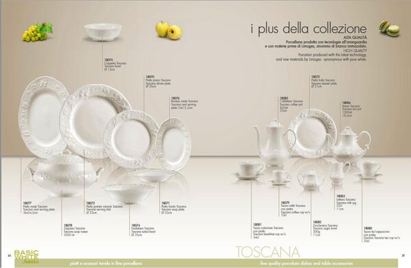 Tazze da the, Cappuccino con piattino set da 6 in porcellana con decoro a rilievo 8x8xh7 cm-200 cc Collezione Toscana lavabile in lavastoviglie porcellana Di Limoges Bianco Freddo