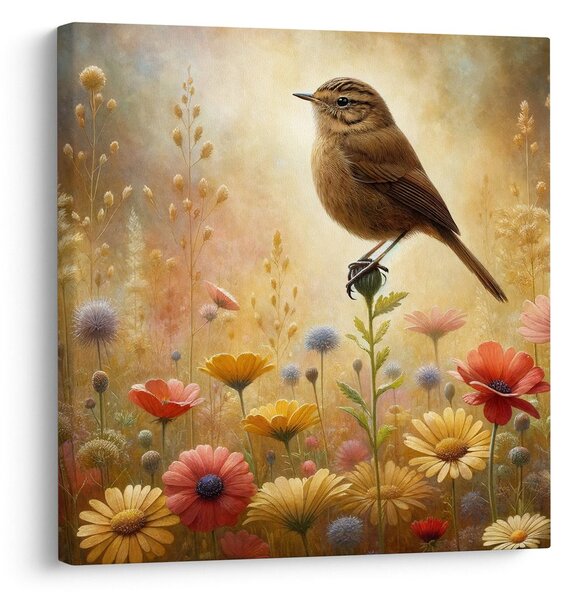 Quadro su tela – Uccellino tra i fiori del prato