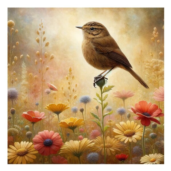 Quadro su tela – Uccellino tra i fiori del prato