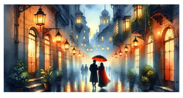 Quadro su tela – Vicolo illuminato dalla luce dei lampioni
