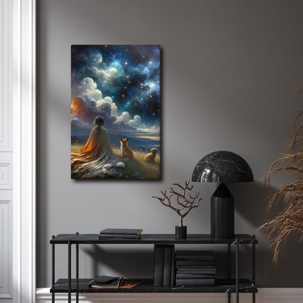 Quadro su tela – Figura con volpe e cane sotto le stelle