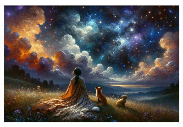 Quadro su tela – Figura con animali sotto le stelle