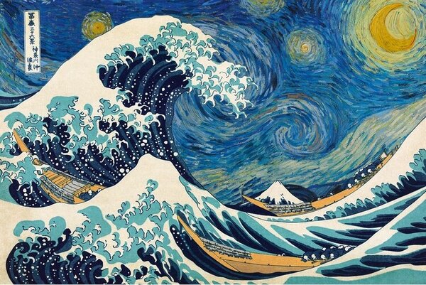 Posters, Stampe Katsushika Hokusai ft van Gogh - La grande onda di Kanagawa, (91.5 x 61 cm)