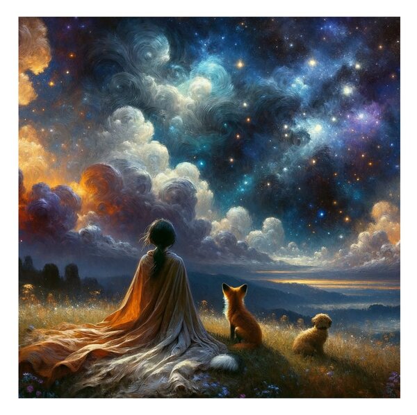 Quadro su tela – Figura con volpe e cane