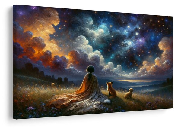 Quadro su tela – Figura con animali sotto le stelle