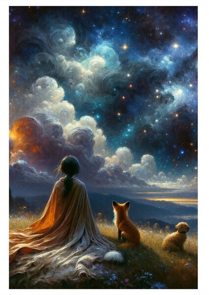 Quadro su tela – Figura con volpe e cane sotto le stelle