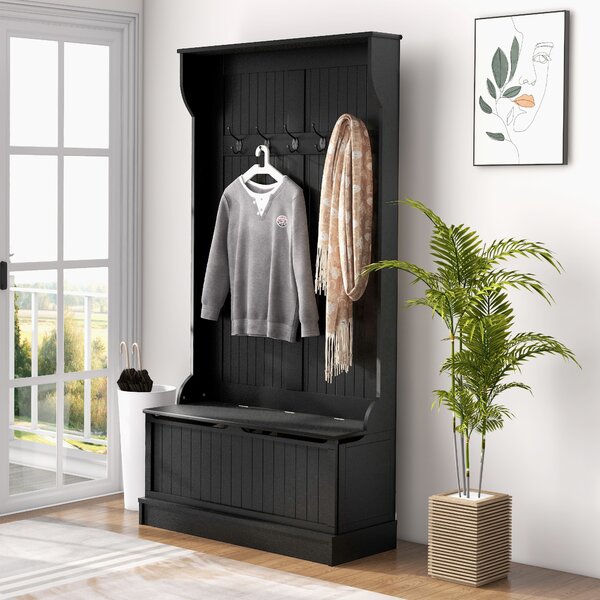 HOMCOM Attaccapanni Zapatero con Panca di Archiviazione e 5 Ganci Stile Moderno 96x34x179,7 cm Nero | Aosom Italy