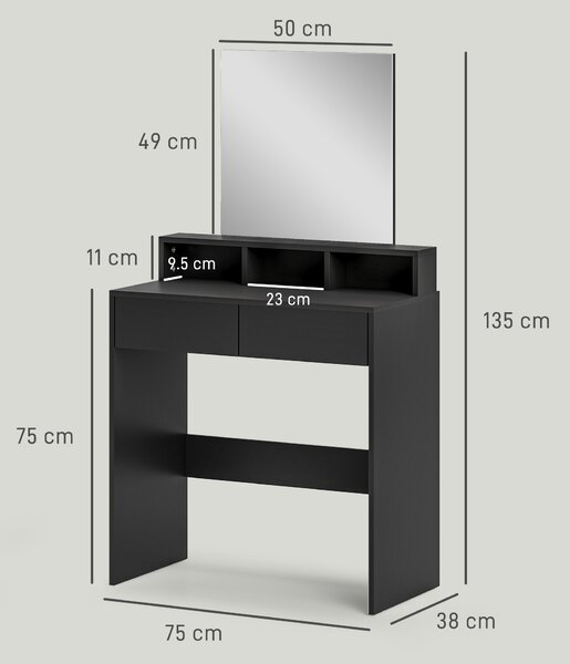 HOMCOM Tavolo da Trucco con Specchio 2 Cassetti 3 Scomparti Tavolo per Camera da Letto 75x38x135 cm Nero | Aosom Italy