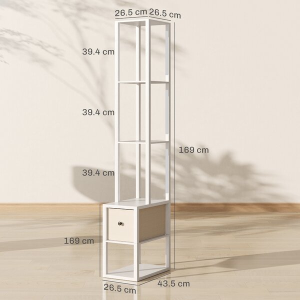 HOMCOM Lampada da Terra Moderna con Ripiani Aperti Cassetto di Tessuto e Interruttore a Pedale per Camera da Letto Soggiorno Bianco | Aosom Italy
