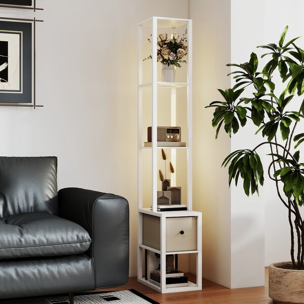 HOMCOM Lampada da Terra Moderna con Ripiani Aperti Cassetto di Tessuto e Interruttore a Pedale per Camera da Letto Soggiorno Bianco | Aosom Italy