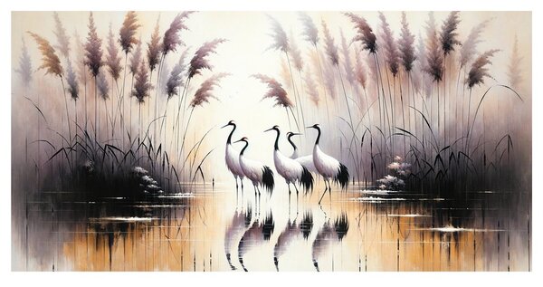 Quadro su tela – Gru in stormo vicino all’acqua