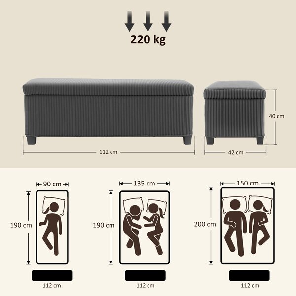 HOMCOM Panchina Pieghevole con Spazio di Archiviazione Capacità di 84 L 112x42x40 cm Rivestito in Velluto Piede del Letto per Soggiorno Camera da Letto Grigio | Aosom Italy