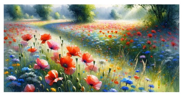 Quadro su tela – Campo in fiore sotto il cielo estivo