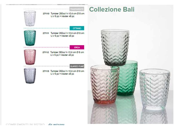 Bicchieri Acqua 6 pezzi in Pasta di Vetro BALI diametro 8xh10 cm - 270 Ml in vetro pressato adatto alla lavastoviglie colore Erika