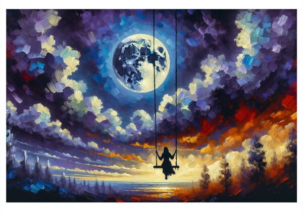 Quadro su tela – Ragazza sull’altalena sotto la luna