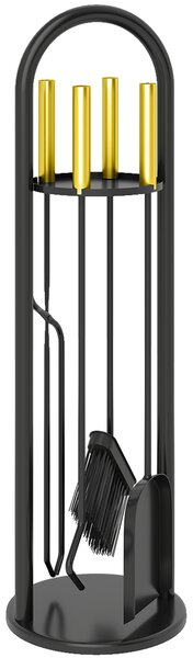 Outsunny Set Utensili per Camino di 5 Pezzi in Metallo con Scopa Paletta Pinze Attizzatoio e Supporto 20x20x71 cm Dorato | Aosom Italy